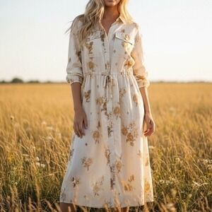 NWT Floral Utility Midi Shirt Dress Womens XS Boho Cottagecore Cowgirl Prairie